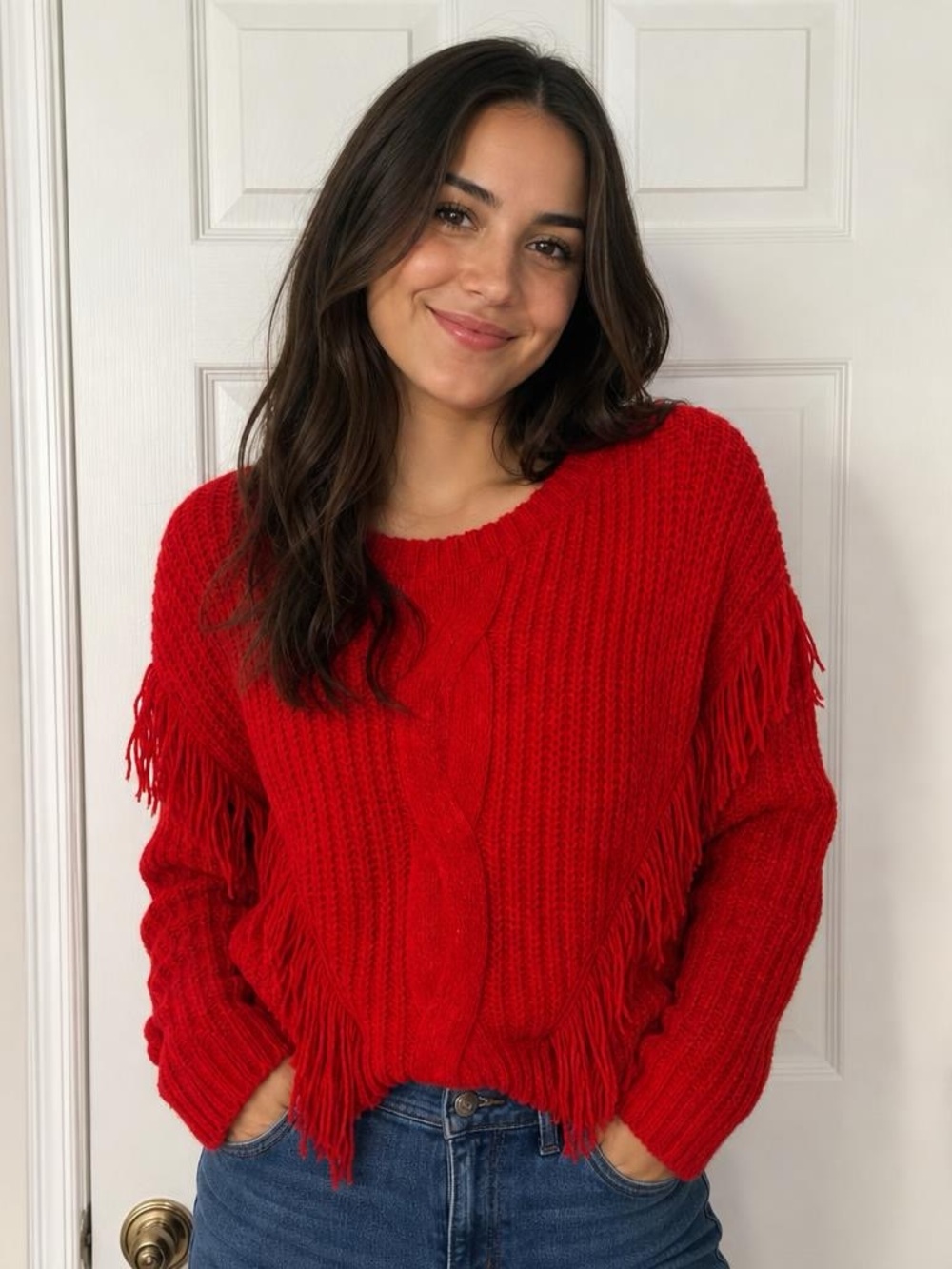 No Boundaries Bright Red Fringe Crew Sweater